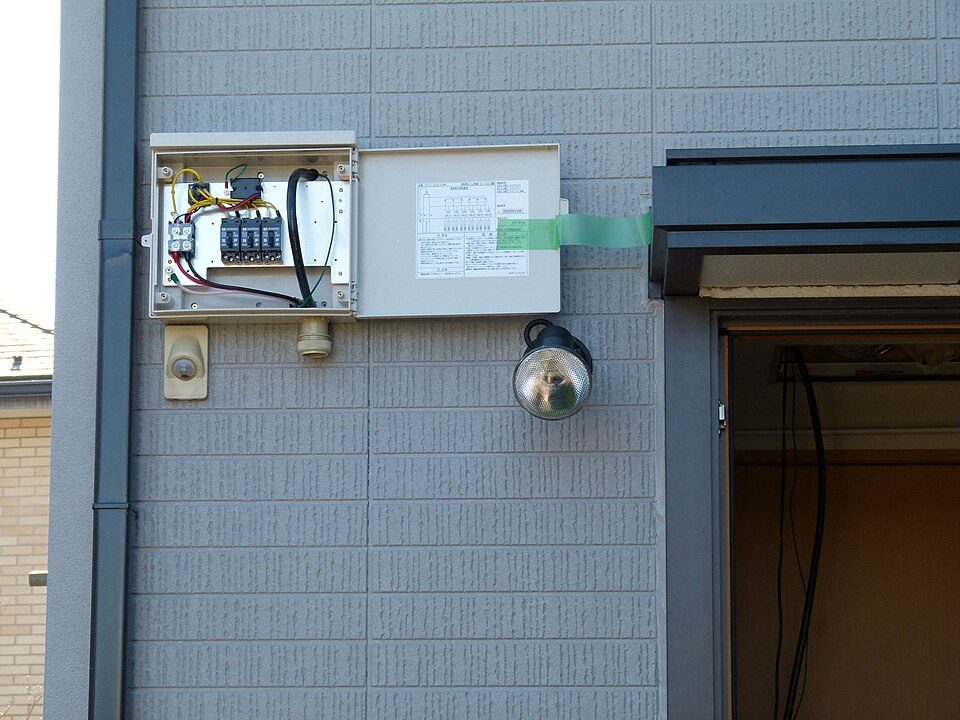 A wall-mounted solar combiner box with breakers