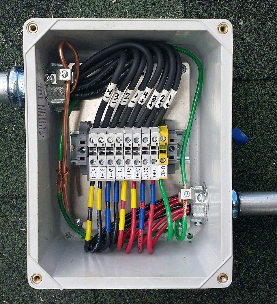 Inside a PV combiner box: string wiring on a DIN-rail terminal block