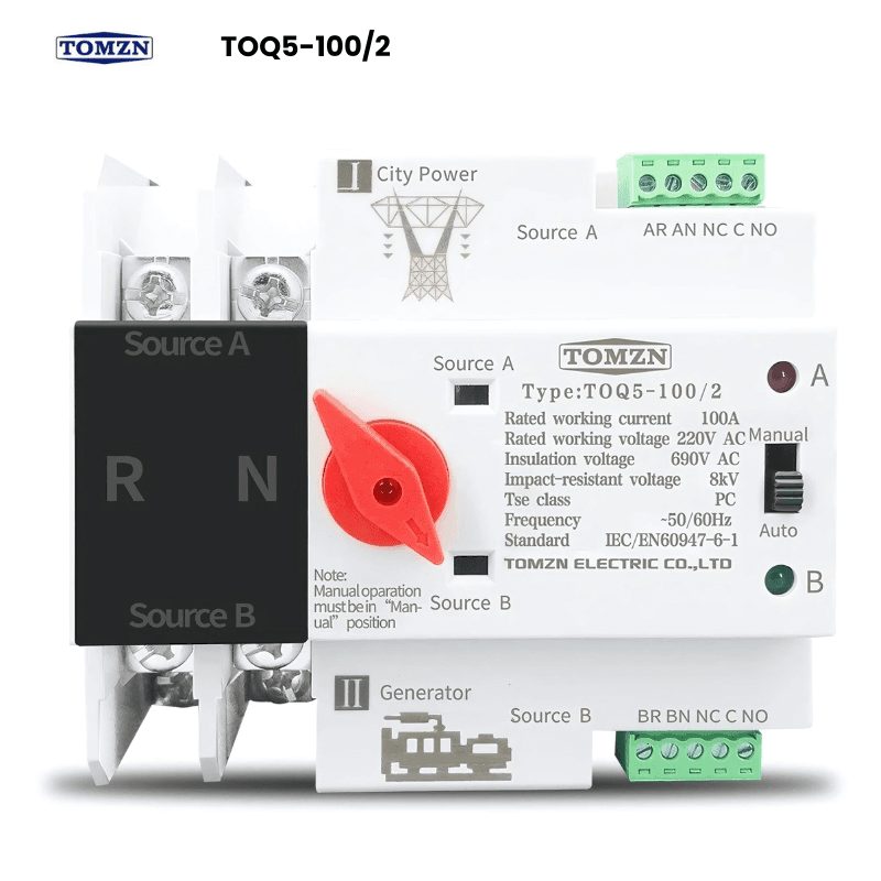 TOMZN TOQ5-100/2P Single-Phase DIN-Rail Dual Power ATS
