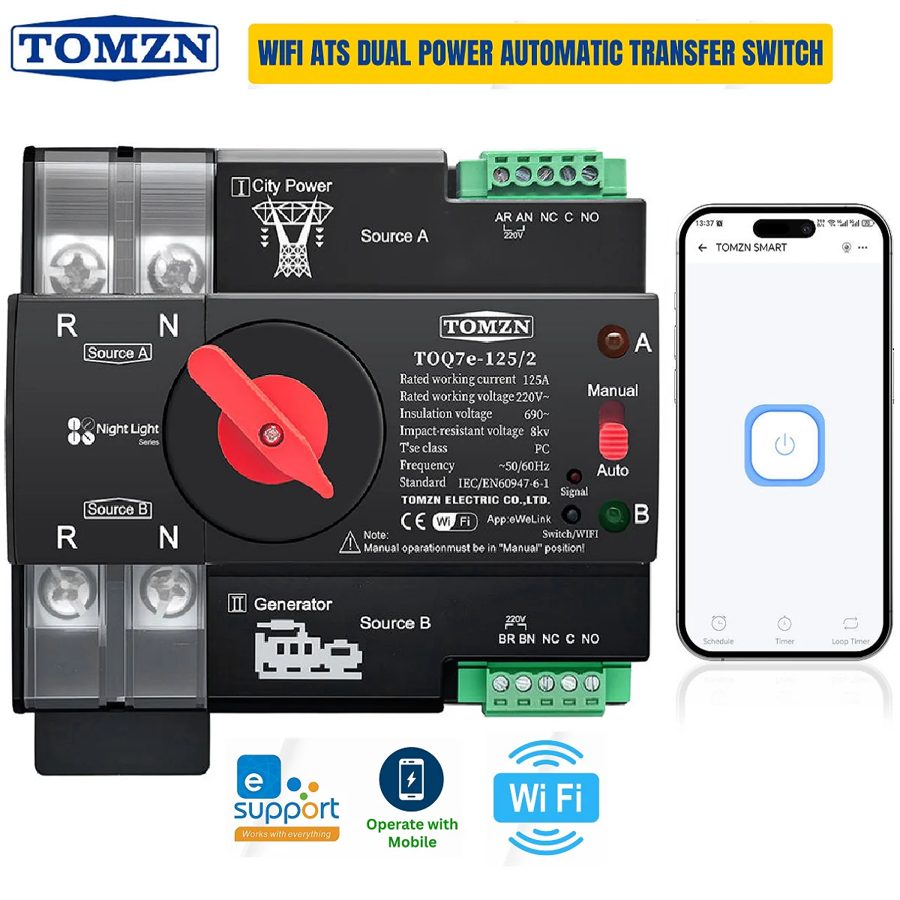 TOMZN TQQ7e-125/2 WiFi ATS — 125A Automatic Transfer Switch